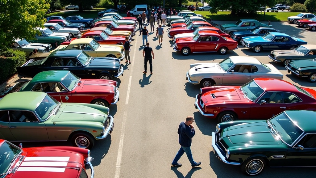 Iš oro peržiūra į automobilių parodą, automobiliai sutvarkyti eilėmis, žmonės vaikšto aplink, saulėta diena, ryšti šviesa