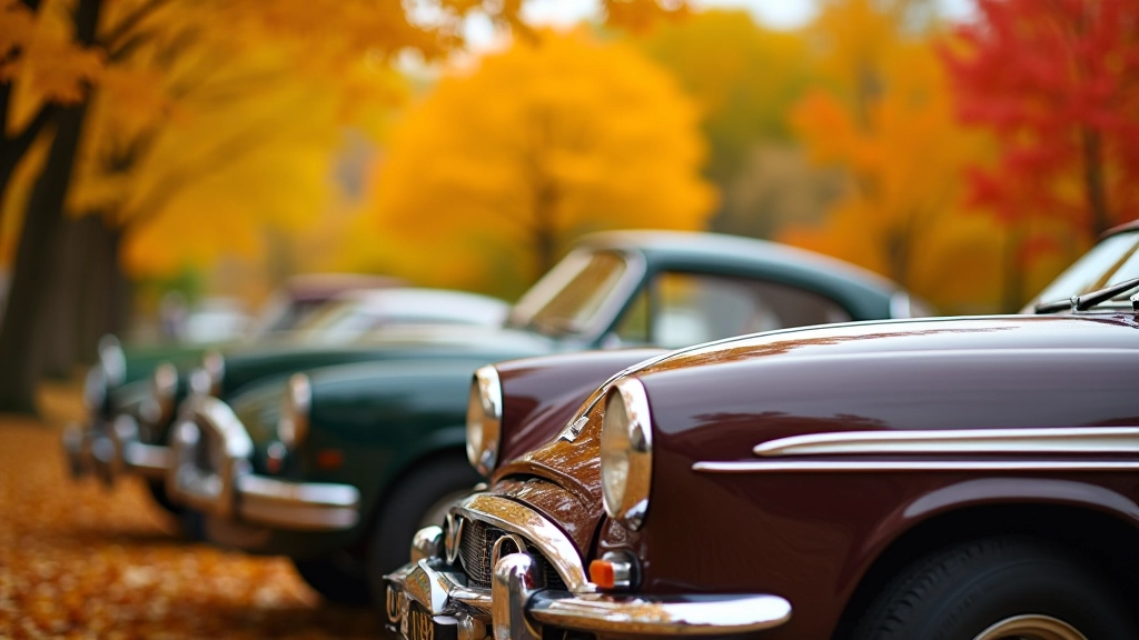 Rudeninis klasikinių automobilių šou, spalvingi medžiai fone, geltoni ir raudoni lapai, šaunus apšvietimas, 1960-1970 metų automobiliai