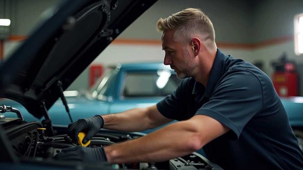 Mechaniko rankos valymas automobilių variklio skyriaus, šviesa iš šono, profesionalus tono nustatymas