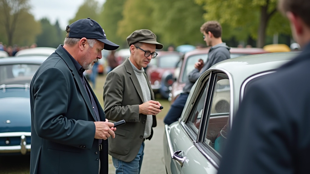 Entuziastai šalia klasikinio automobilio